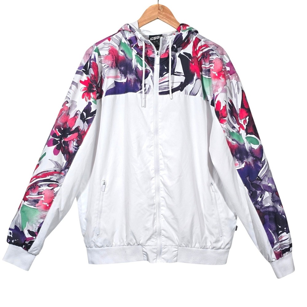 CSG Floral Watercolor Windbreaker Jacket Mens XL White Full Zip Hooded‎ READ